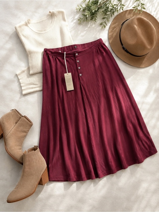 Garnet Hill Dresses & Skirts - Garnet Hill Burgundy TENCEL Lyocell Button Front A-Line Skirt Women’s Medium NWT